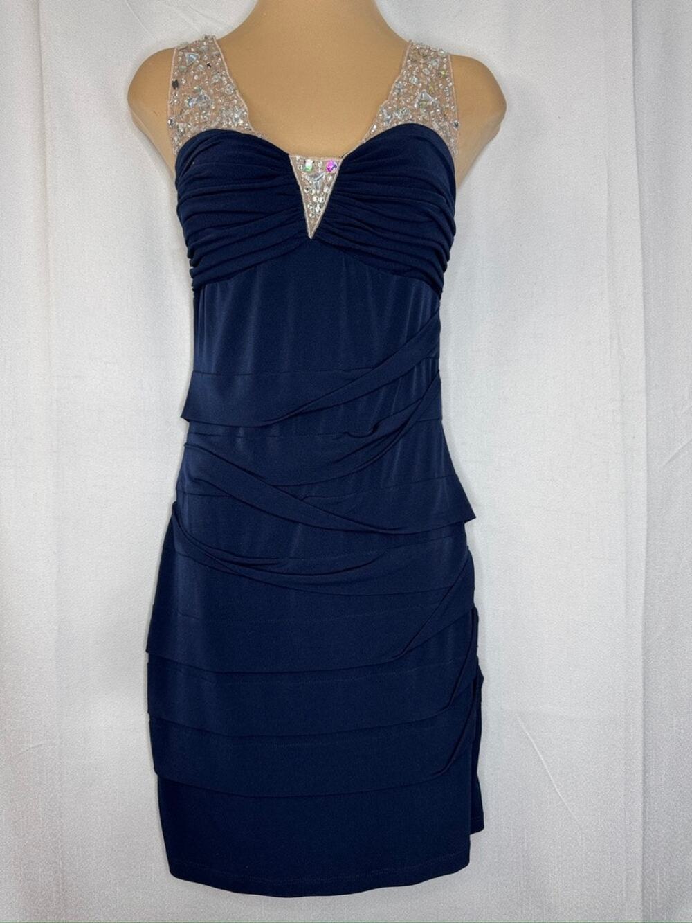 435. City Triangles Navy Beaded Bandage Cocktail Dress Size 9